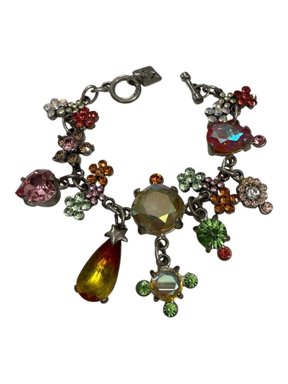 Rodrigo Otazu Swarovski Crystal Charm Bracelet Floral Heart Motifs 7.5" Toggle